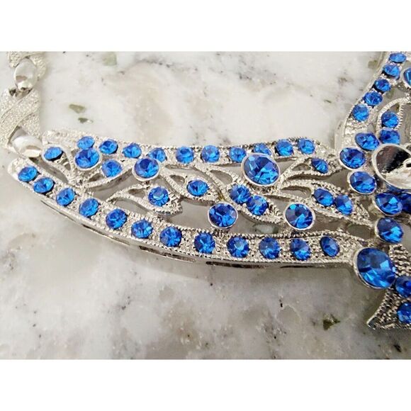 Vintage 80's/90's Necklace Blue Crystal‎ Rhinestone Art Glass *2 Stones MISSING* - Picture 3 of 10